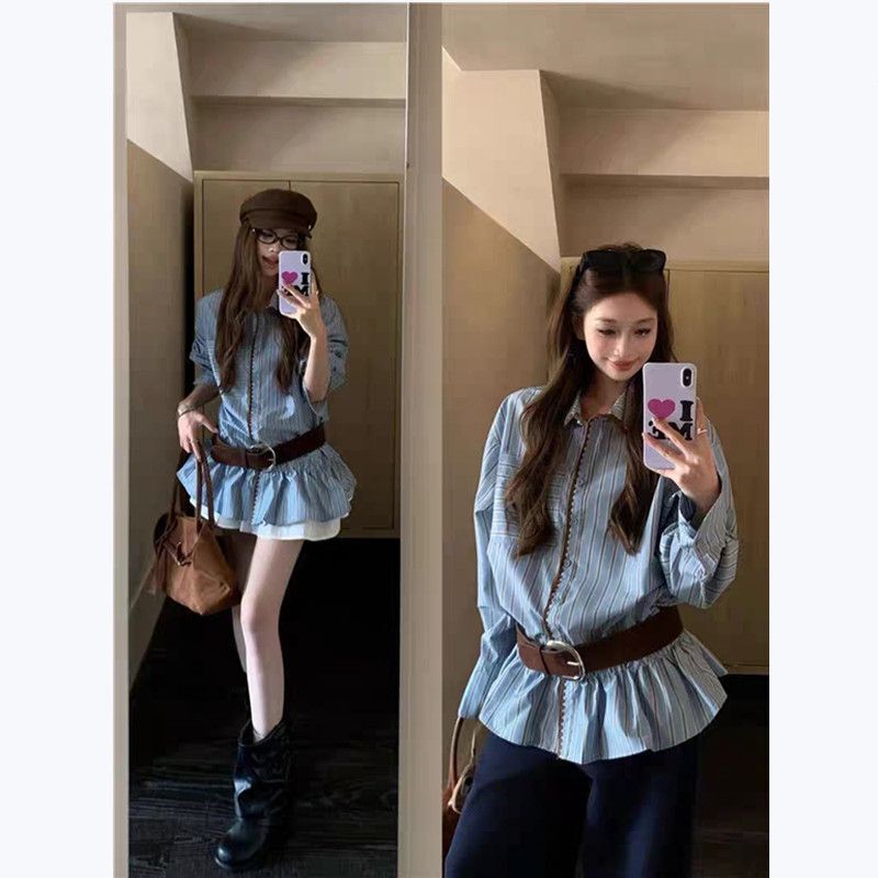 Blue Shirt Women's Autum 2025 New High-End Chic Chic Top French Stripes Design Shirt Trendy