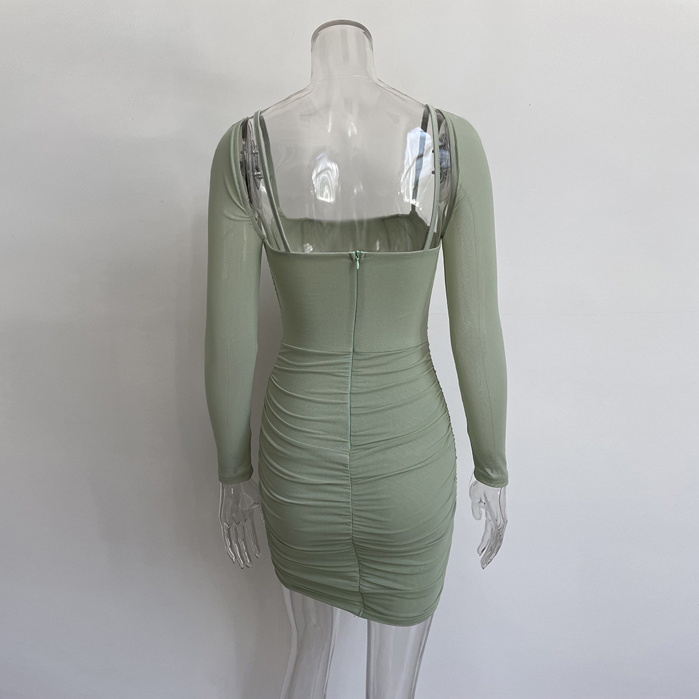 Pleated Bodycon Square Neck Long Sleeve Mini Dress