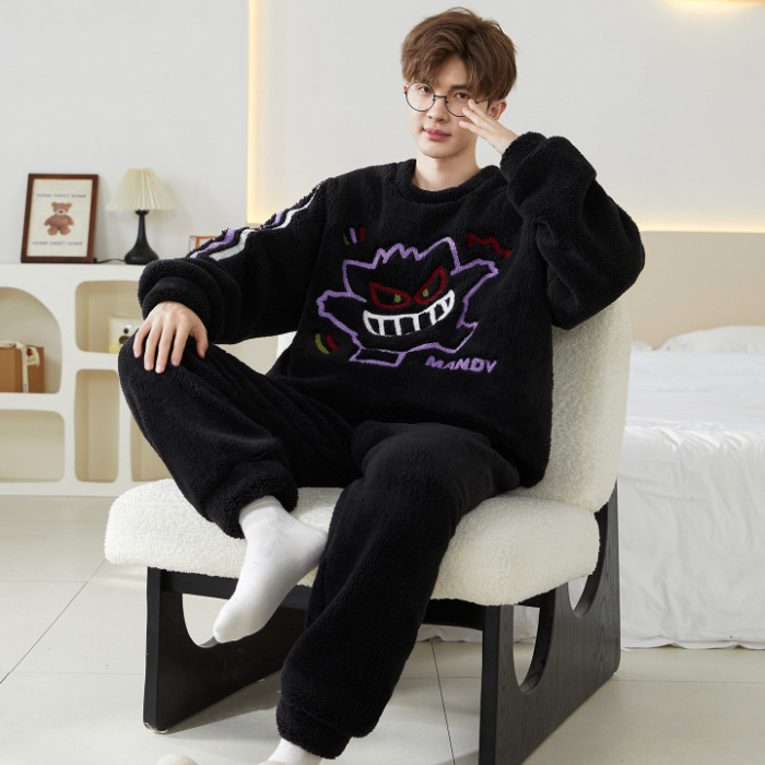 2025 pijamas casuales de coral camisa de dibujos animados juveniles estudiantes de franela para hombres set de ropa de casa