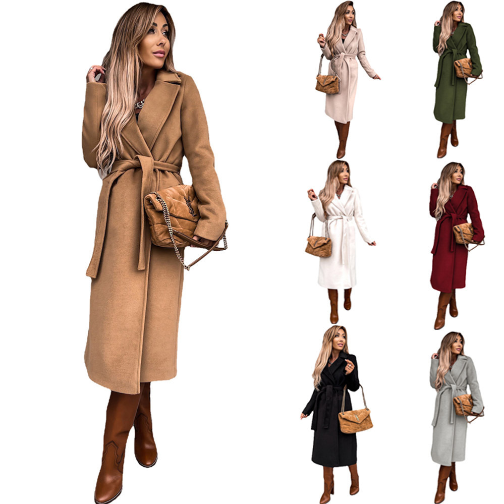 Cross-Border 2025 European and American Autumn and Winter Women's Solid Color Lapel Long-Sleeve Belted Woolen Coat Simple Tie-Up Trench Coat