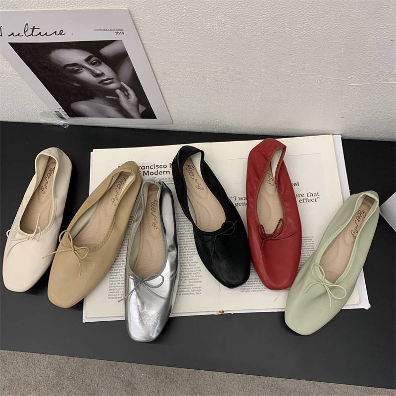 2024 red egg roll shoes soft bottom women's shoes pumps pregnant women's shoes ballet bow flat silver single shoes