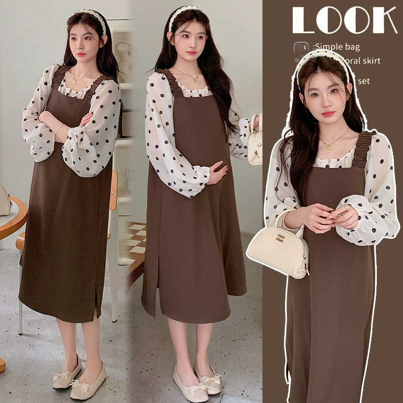 Беременные осенние платья для беременных с волновой точкой топ цвета карри темпераментный складчатый ремешок свободная тонкая платье для беременных