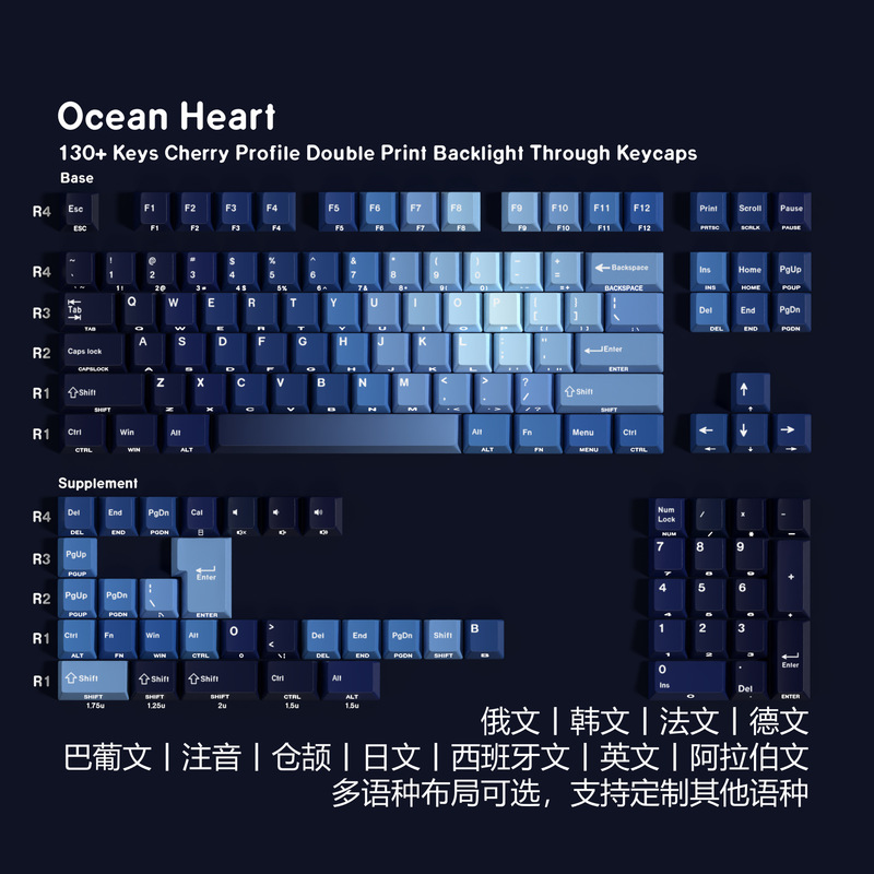 Jcm Ocean Heart Double Engraved Translucent Pbt Original Full Set of Keycaps Korean Russian German Spanish French Arabic
