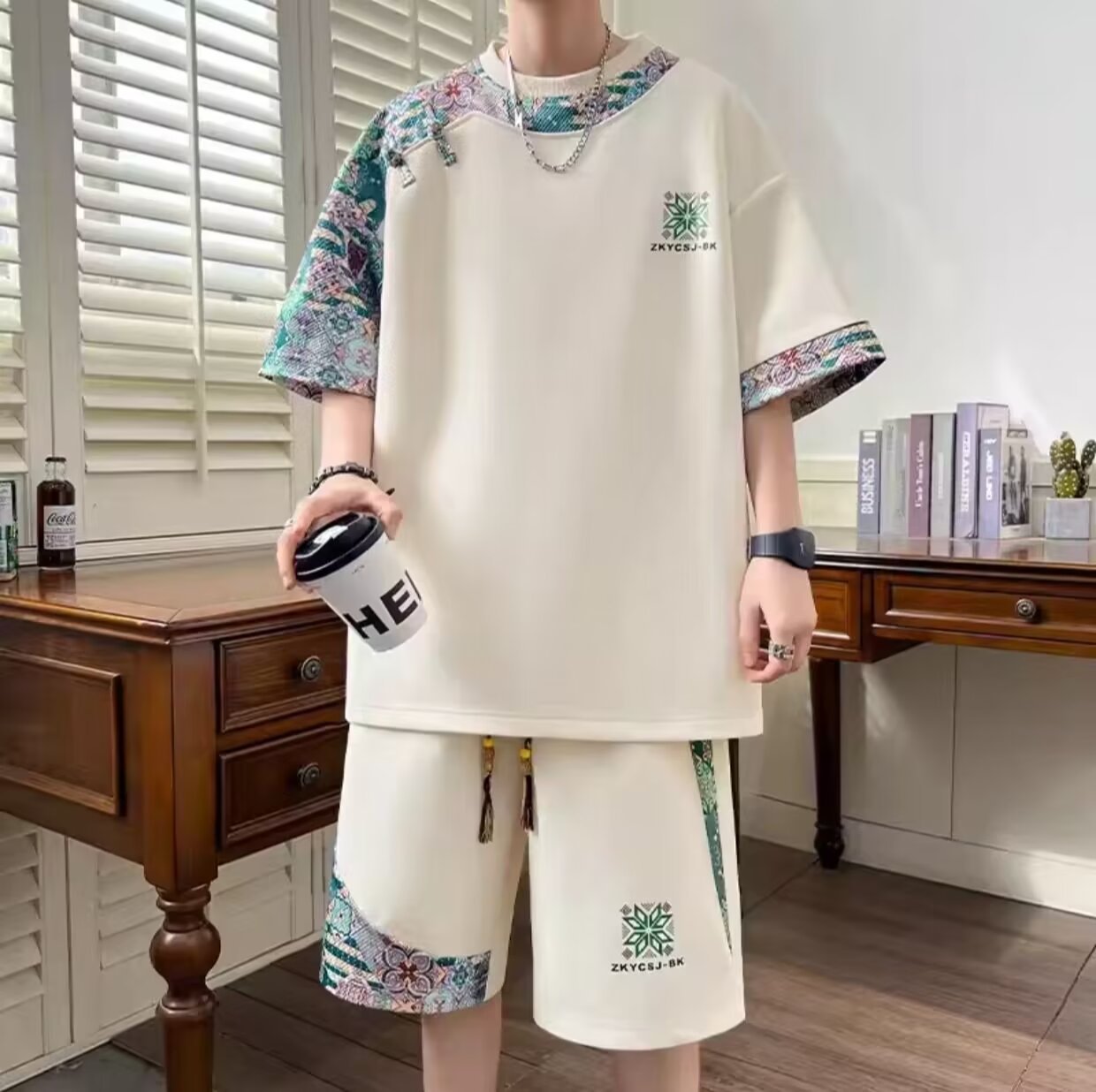 Sports Suit for Boys, Summer Ethnic Style Short-Sleeved Shirt and Shorts, New Chinese Style Large Size Trendy Two-Piece Set