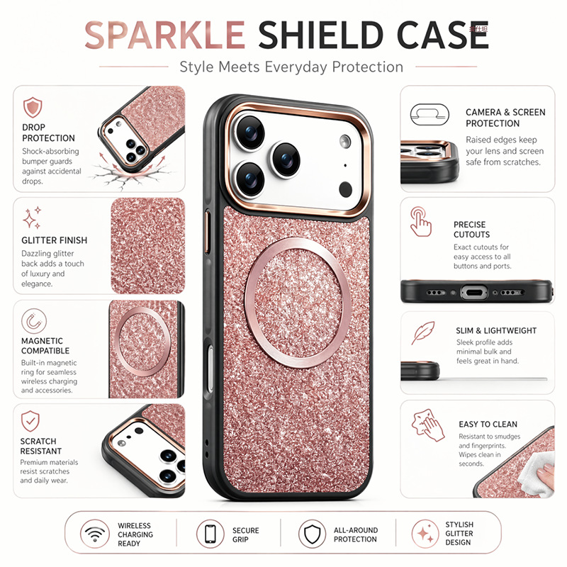 Ốp lưng điện thoại chống sốc viền dày nhũ lấp lánh từ tính cho iPhone 16/17 Pro Max — 【Đen nhũ lấp lánh★Vòng từ】, 【Tím nhũ lấp lánh★Vòng từ】, 【Xanh nhũ lấp lánh★Vòng từ】, 【Hồng nhũ lấp lánh★Vòng từ】 chi tiết 17