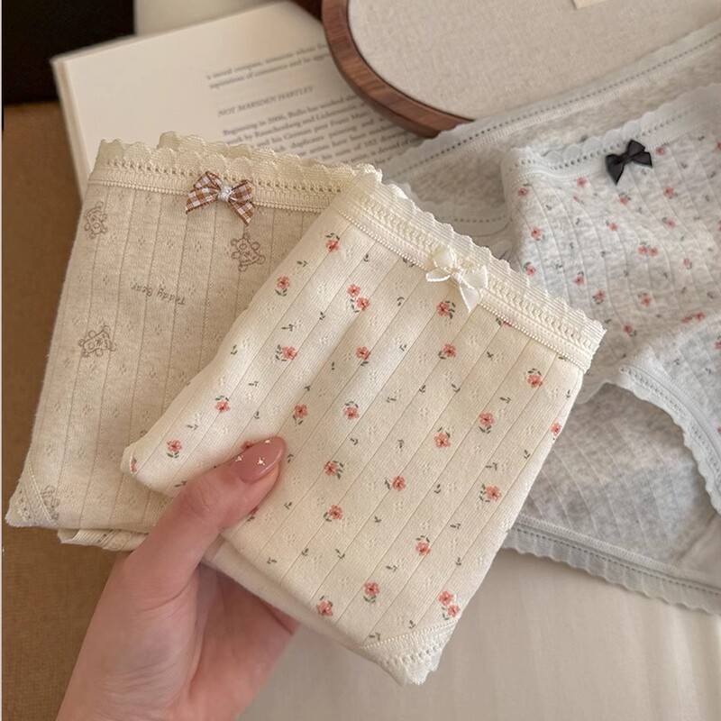 10A Bacteriostatic Layered Crotch Panties Cotton Floral Lace Women's Briefs Mid-Waist Hip Cotton Breathable Shorts