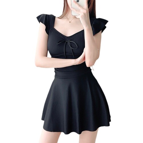 Swimsuit women's one-piece solid color sweet skirt style conservative slim fit slim body covering flesh and belly Student hot spring swimsuit wholesale