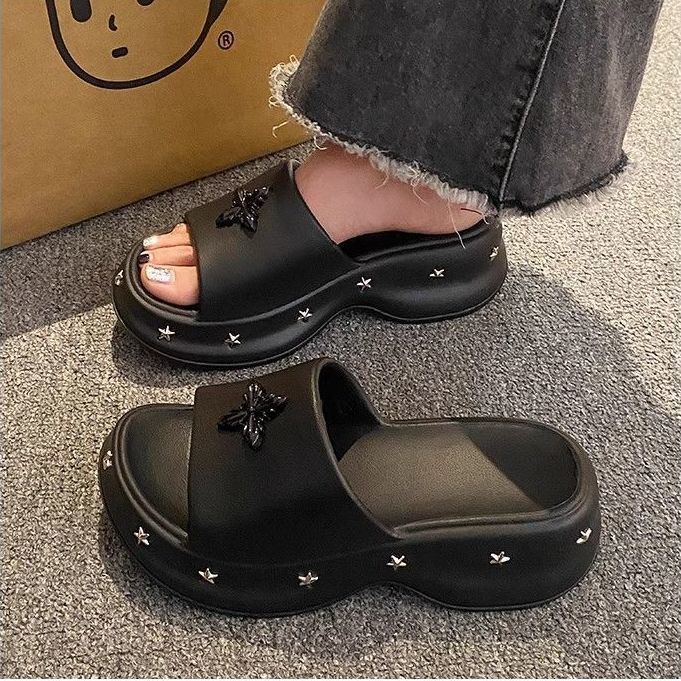 Trendy Fashion Popular Women's Slippers for Outdoor Wear, Summer New Thick-Soled Height-Increasing Non-Slip Odor-Resistant Cross-Pattern Beach Sandals