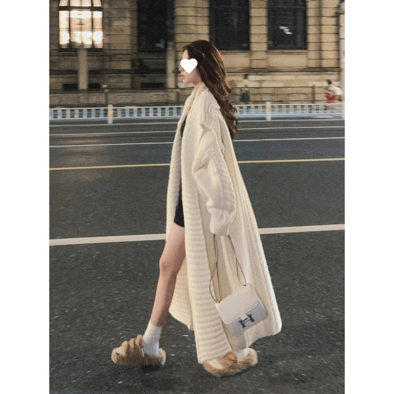 Lazy and High-End Large Lapel Twist Sweater Jacket for Women in Autumn and Winter Korean Style Long Knitted Cardigan Top