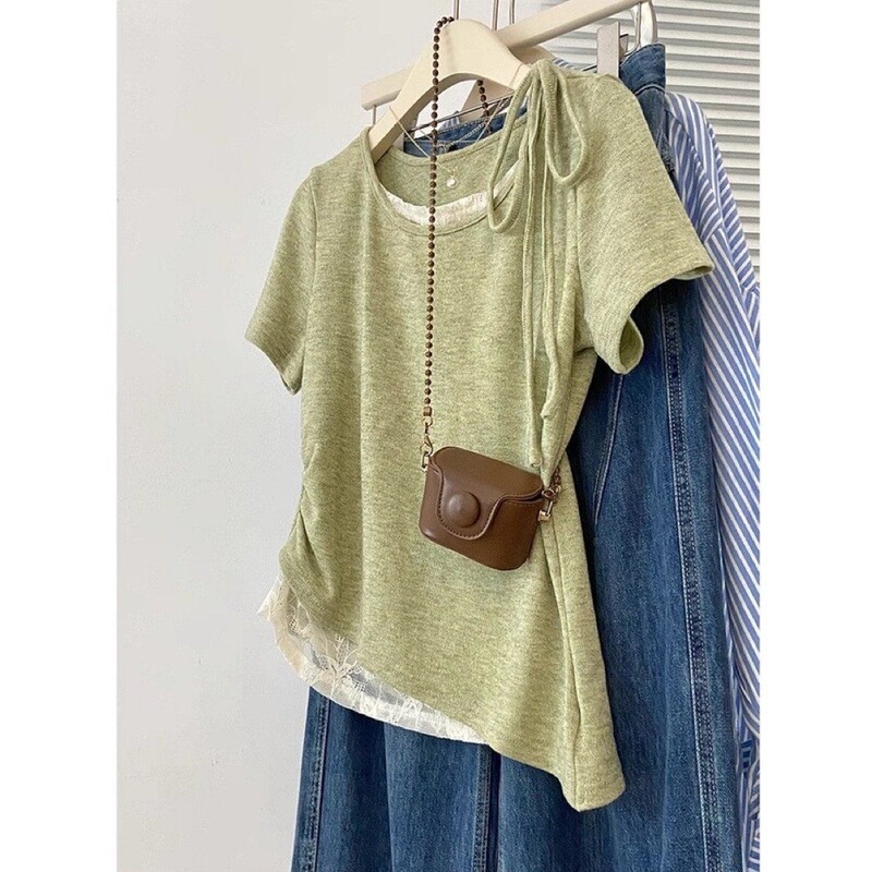 Fake Two-Piece Green Short-Sleeve T-Shirt for Women, 2026 Summer New Style, Plus-Size, Age-Reducing Top, Mori-Style Blouse