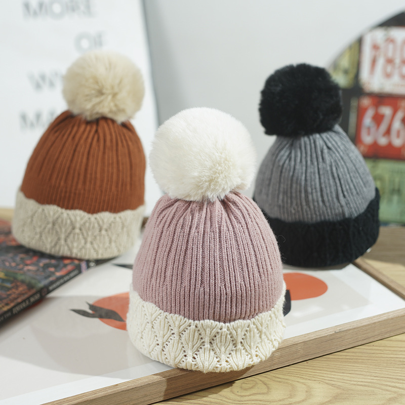 Winter Women's With Fleece Lining, Thickened And Warm Knitted Hat, Foreign Trade Cross-Border Pom-Pom Color-Block_voghion.com