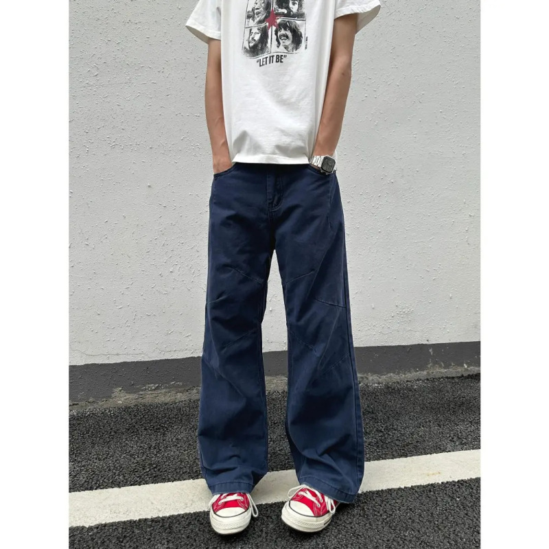 NEVERNEED French Blue Pleated Straight-Leg Jeans for Men, Spring American Retro Vibe Casual Loose A-Line Pants