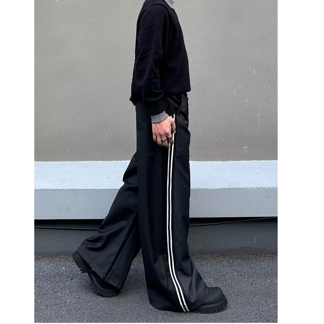 Men's Casual Pants Retro Double Waistband Spliced Curved Blade Loose Long Trousers_mkmklike.com