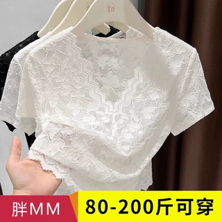 冰丝网纱蕾丝短袖t恤女夏季新款纯欲甜辣V领修身显瘦内搭短款上衣
