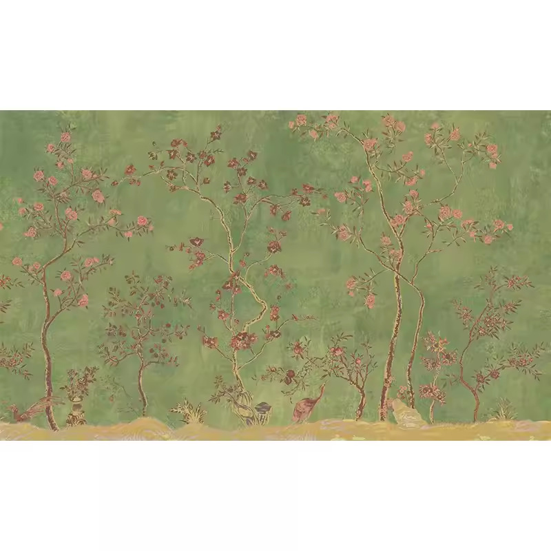 グリーンアメリカンレトロ壁紙新中国風の花と鳥テレビの背景壁壁紙装飾壁画シームレスな環境に優しい壁装材|undefined