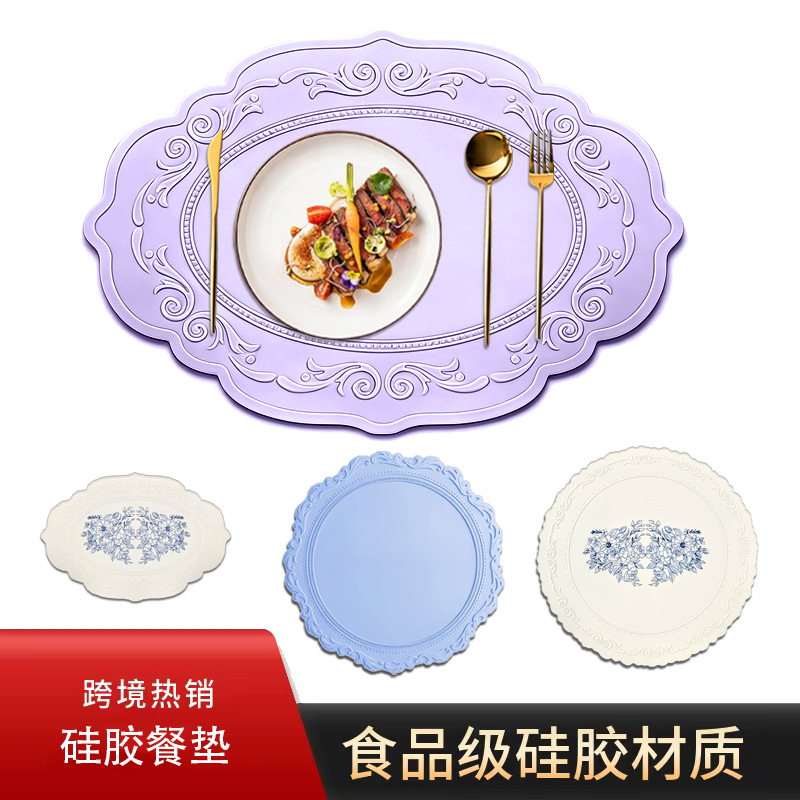 Silicone Placemat Amazon's Popular Retro Embossed Dining Table Insulation Anti-Slip Mat High Temperature Resistant Silicone Plate Insulation Mat