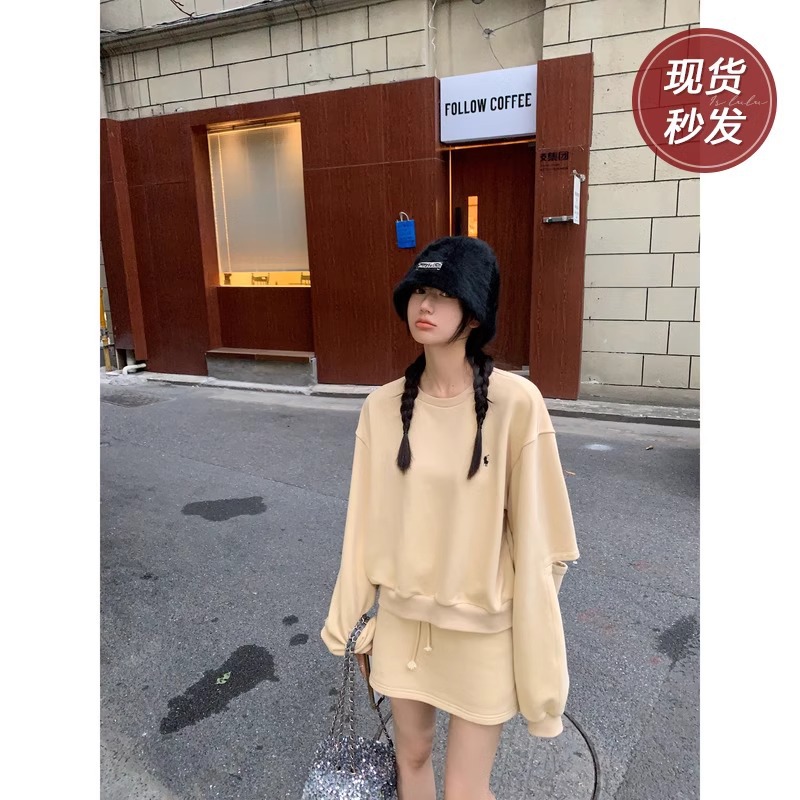 美式复古胖mm大码圆领短款卫衣开口设计休闲半身短裙时尚套装女款
