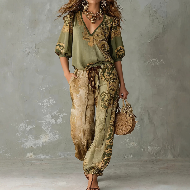 2026 Spring/Summer European and American Casual Vacation Retro Style Printed V-Neck Puff Sleeve Top Paired with Jogger Pants Set 2026 Spring/Summer European and American Casual Vacation Retro Style Printed V-Neck Puff Sleeve Top Paired with Jogger Pants Set
