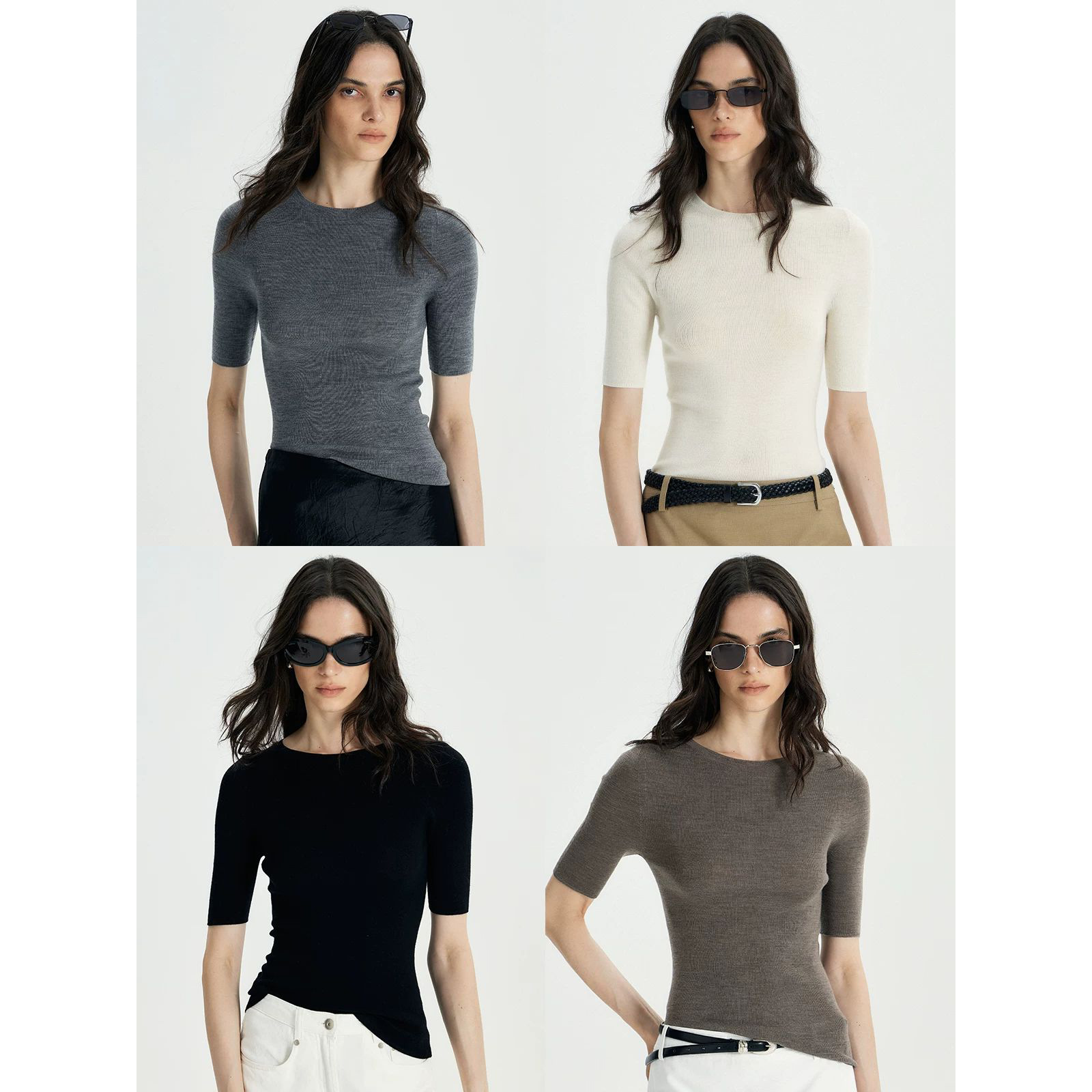 【Machine washable】Fine-knit 60-count 18-stitch seamless 100% wool crew neck mid-sleeve knitted base shirt for women, Fall 2026