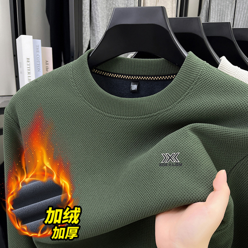 Fleece-Lined Thick Long-Sleeve Sweatshirt for Men, Autumn and Winter Middle-Aged Dad's Round Neck Loose Warm Base Shirt T-Shirt for Men
