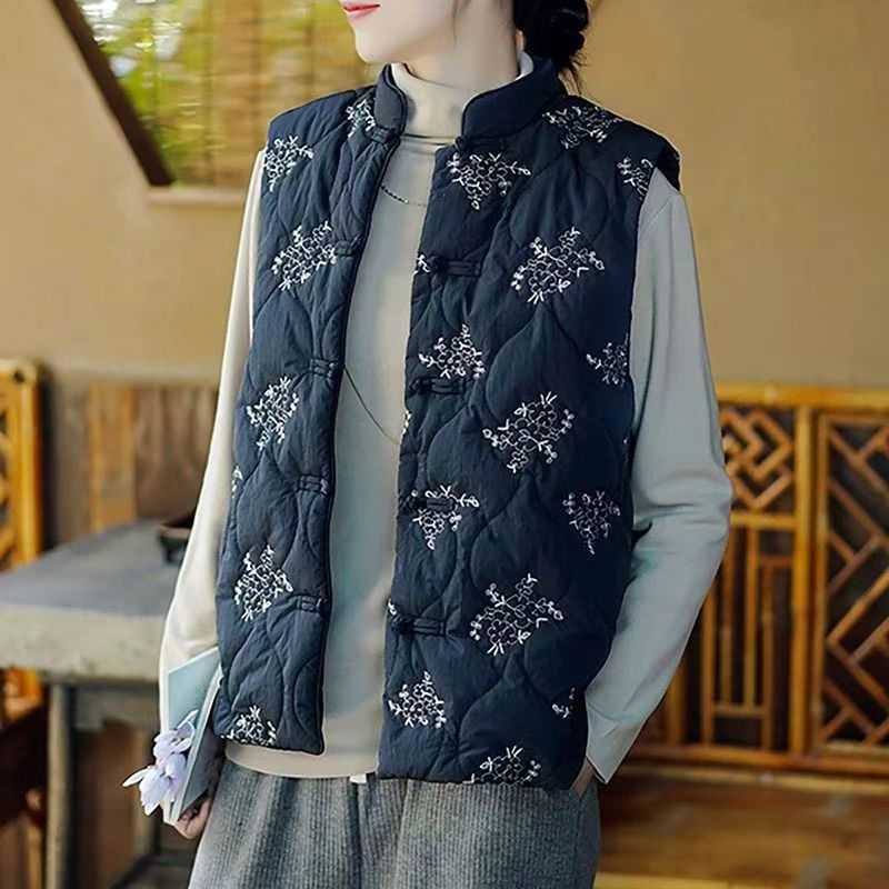 무거운 자수 다운 코튼 패딩 재킷 조끼 여성 겨울 레트로 새로운 중국 자수 윈터웨어 waistcoat 따뜻한 재킷