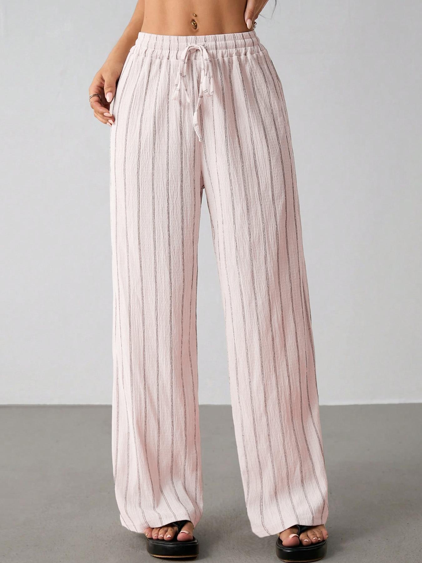 Damen Freizeithose Locker Gestreift Mit Elastischem Kordelzug_voghion.com