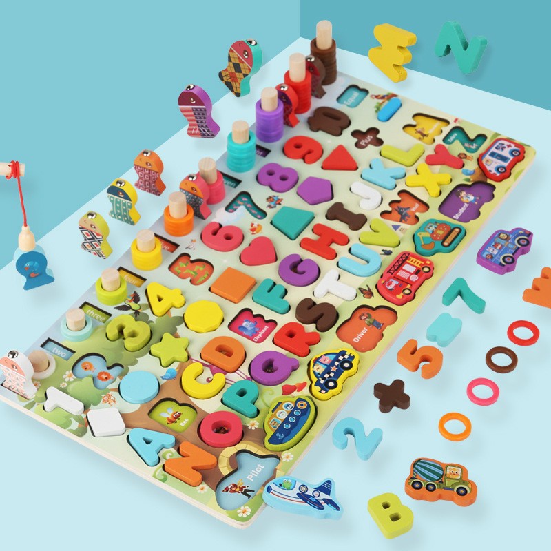 Juguetes de educación temprana para niños Tablero de números y letras siete en uno multifuncional Juego de pesca magnética de rompecabezas para bebés