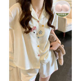 睡衣女款夏季卡通甜美纯棉短袖带胸垫可外穿2026新款可外穿家居服