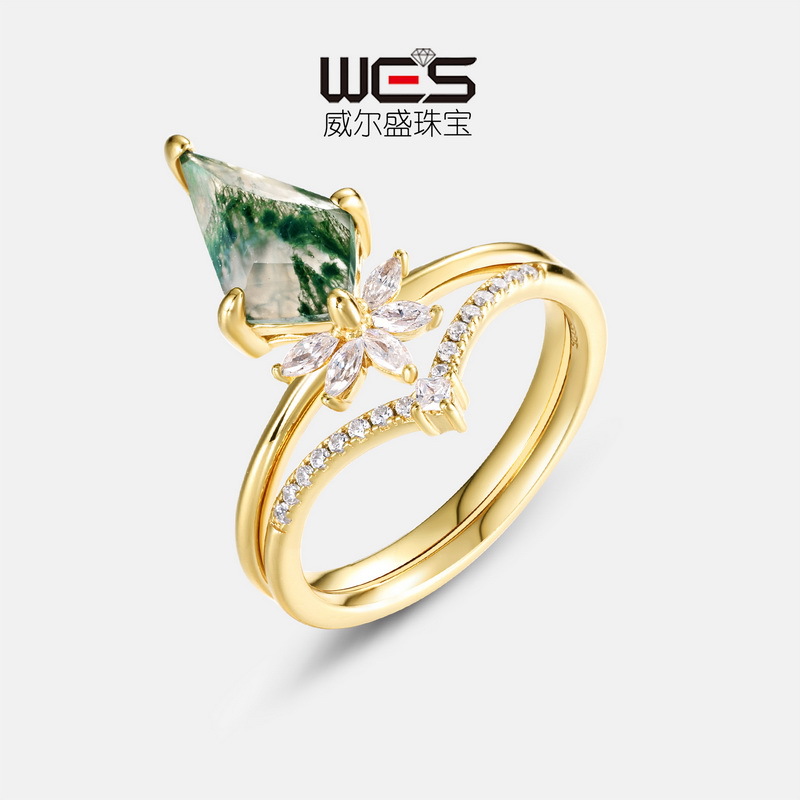 Anillo de piedra de musgo verde natural apilado de corona transfronteriza S925 anillo de combinación de ágata de agua de plata estilo de lujo ligero