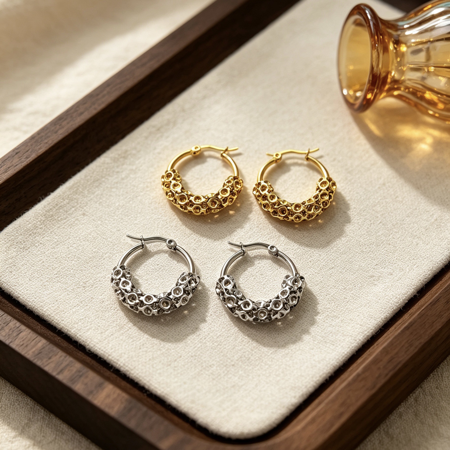 Gold Hoop Earrings Hollow Honeycomb Texture Titanium Steel Studs_voghion.com