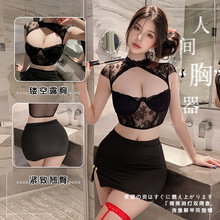 情趣内衣蕾丝菱形女性感镂空钢圈鱼骨修身露脐装短款上衣秘书制服