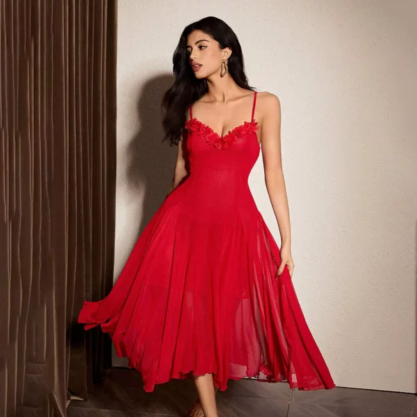 2026 New Style Home Fashion Spaghetti Strap Long Dress with Three-Dimensional Lace, Solid Color, Elegant Long Dress, Factory Wholesale