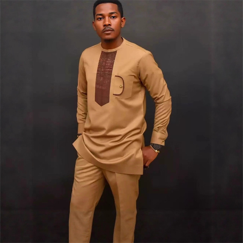 Cross-Border Export African Style Men's Suit Long-Sleeved Round Neck Color Matching Simple Casual Men's Suit 2-Piece Set