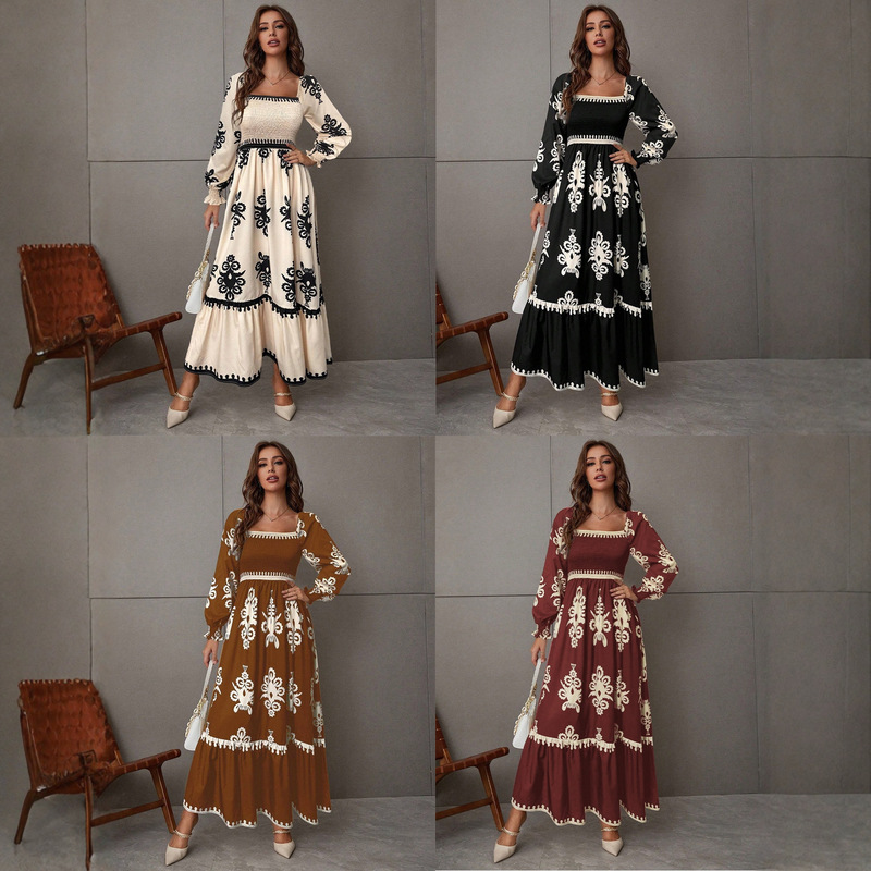 In Stock 2025 New Foreign Trade Cross-Border 1688 Aliexpress European and American Elegant Printed Long Long-Sleeved Dress