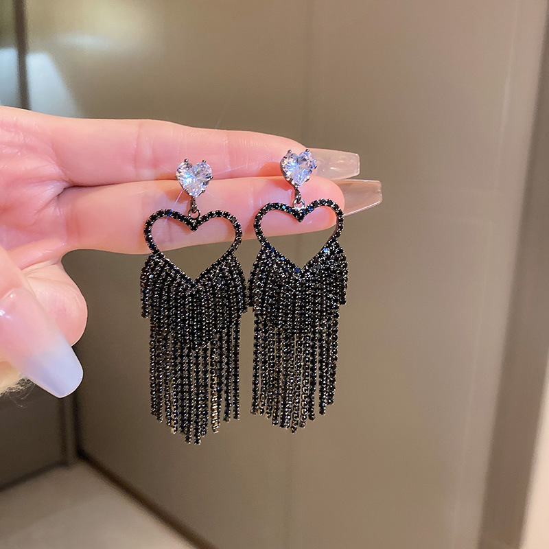 Fashion Heart Shape Copper Tassel Rhinestones Zircon Drop Earrings 1 Pair