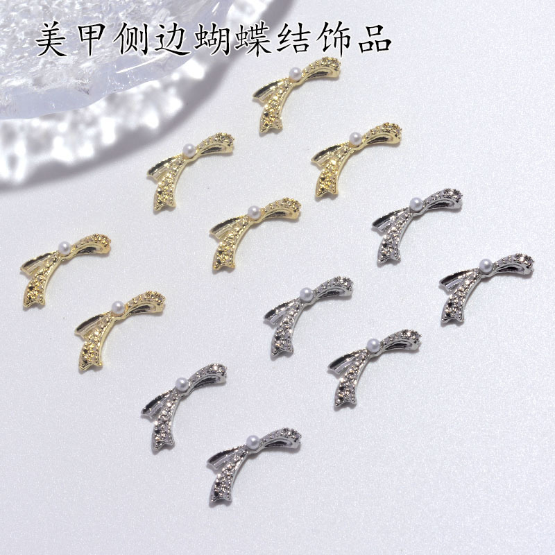 Cross-border nail art: pearl-embellished bowknot accessories, versatile and popular alloy bow tie nail decorations, wholesale diamond accessories