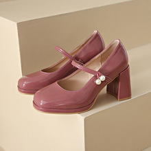 法式瑪麗珍高跟鞋2023春仙女風溫柔粗跟單鞋淺口一字帶珍珠小皮鞋