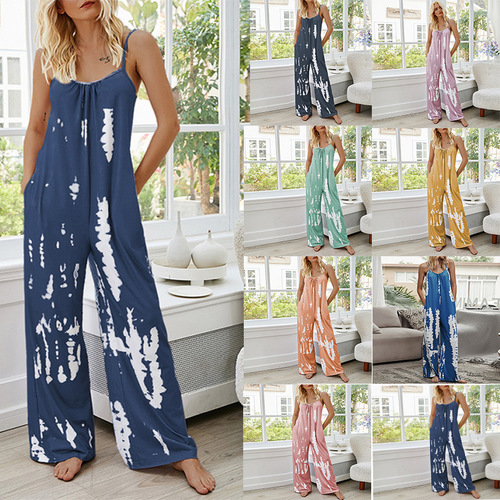 2025 New Cross-Border European and American Women's Strappy High-Waist Wide-Leg Loose Home-Style Printed Jumpsuit for Women