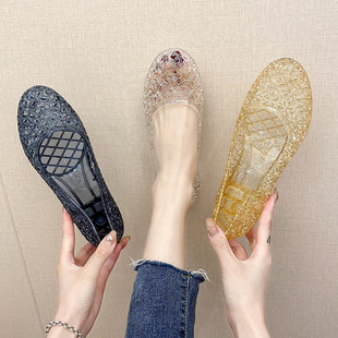 Non-Slip Odor-Resistant Crystal Sandals for Women's Outwear Fairy Wedge Bag for Work Low Heeled Flat Cave Shoes for Middle-Aged and Elderly