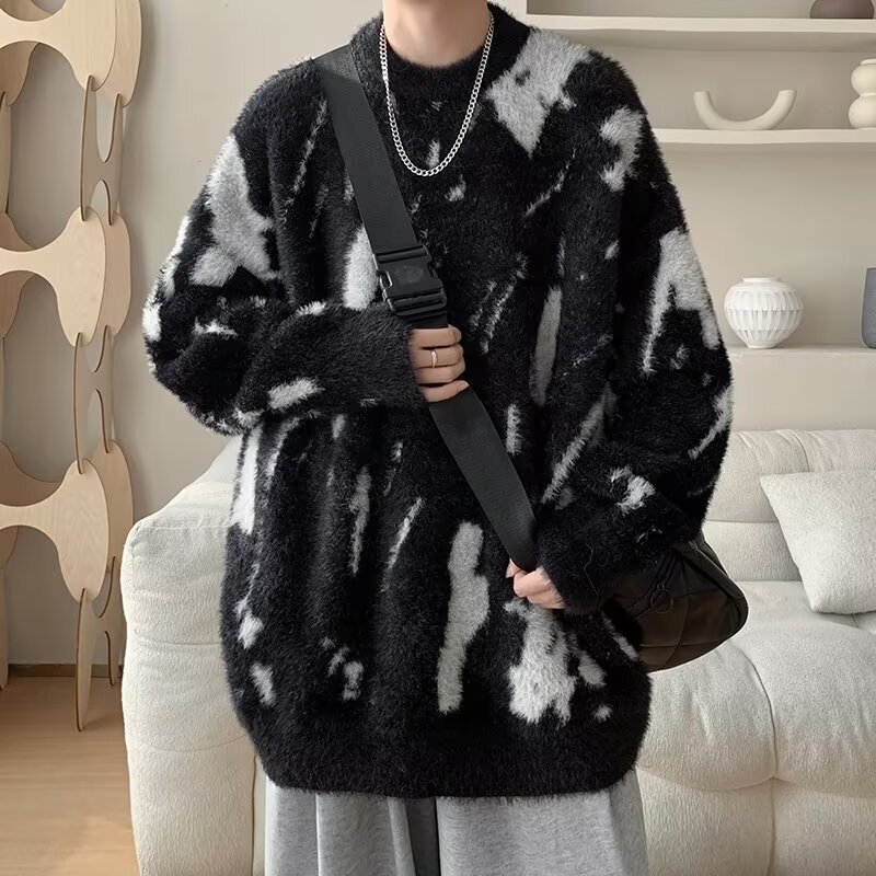 High Street Contrast Color Crewneck Sweater Men's Winter American Design Sense Niche Couple's Knitted Sweater Retro Trendy Brand Pullover