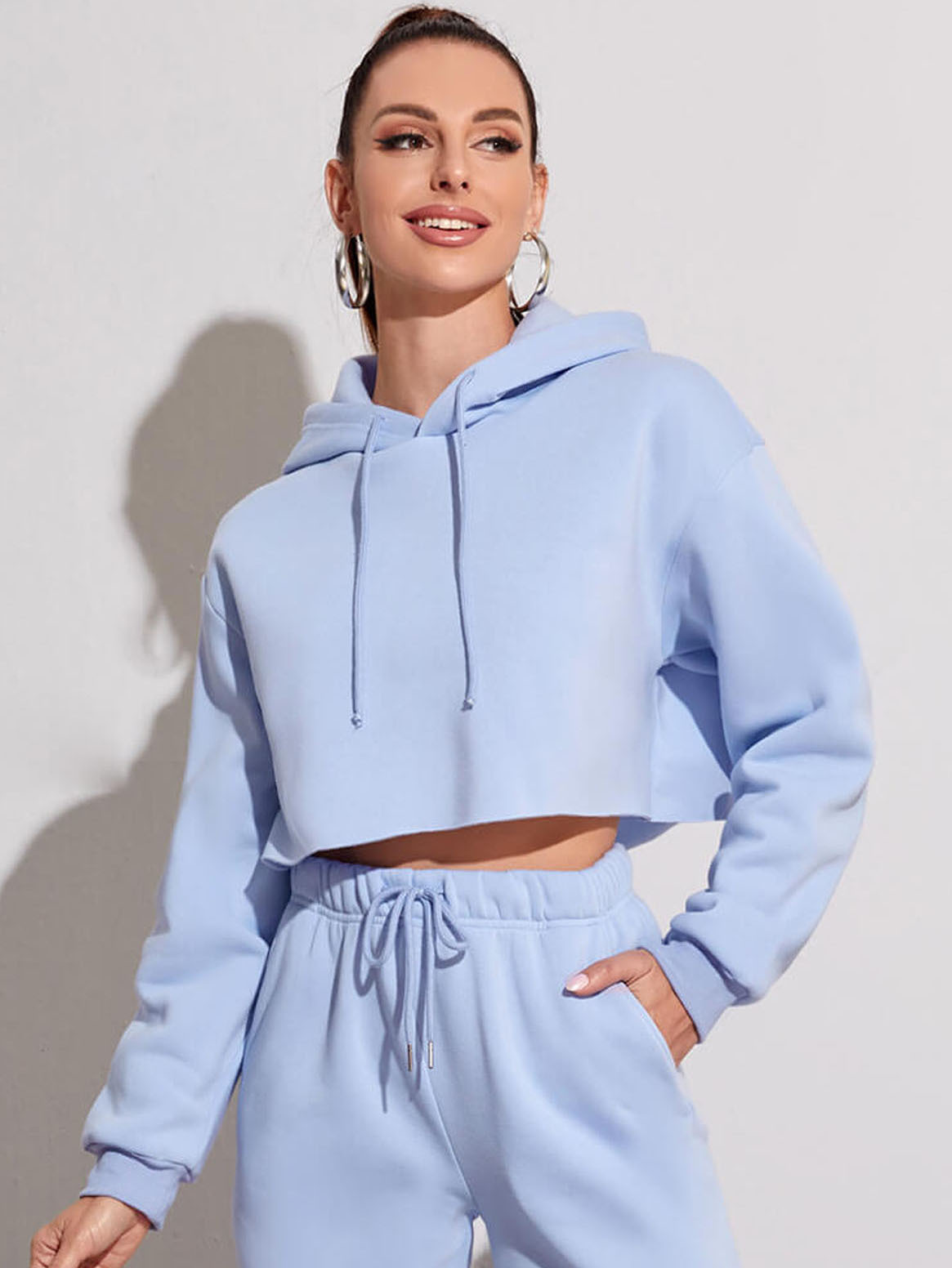 Fleece Solid Color Short Navel-Exposed Hooded