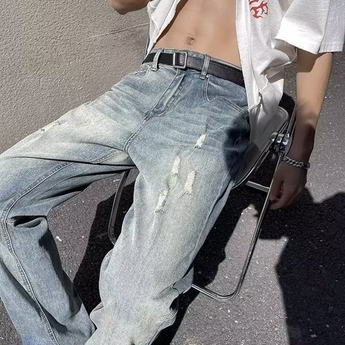 Vintage Wash Waterfall Spring and Autumn Season Street Smart Versatile Men's Vibe Style Loose Drape Legging Jeans