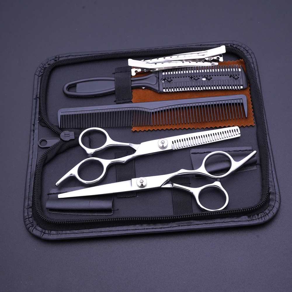 Venta directa de fábrica de tijeras de corte de pelo de acero inoxidable, tijeras para el cabello, tijeras planas profesionales, tijeras de dientes, juego de tijeras de fleja fina