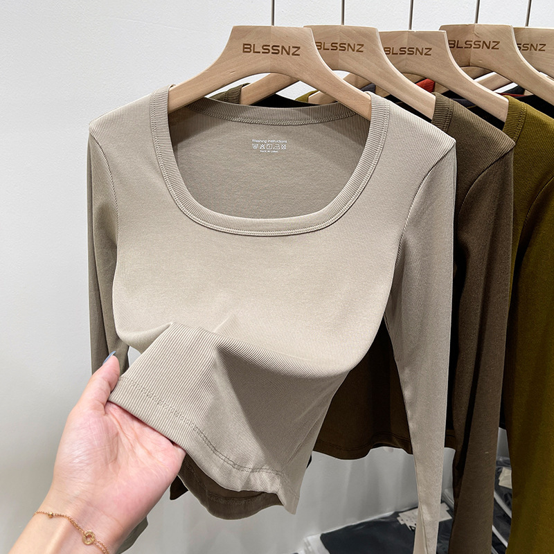Long-sleeved T-shirt Women's Short Autumn 2023 New Clavicle Square Collar Top Women's Slim-fit Threaded Base Shirt Women's Inner Shirt