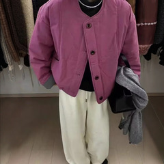 高级感圆领袖口撞色系扣夹棉短棉服外套女冬季新款宽松百搭棉衣潮