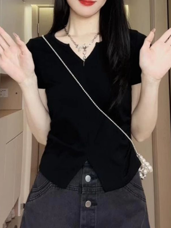 プラスサイズファットmm不規則なvネック夏多用途tシャツデザイン右肩半袖レディーススリムフィットスリットトップ|undefined