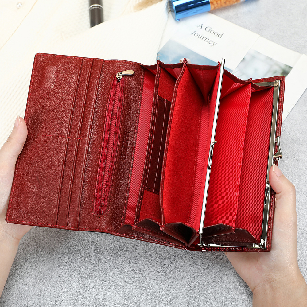 Ví cầm tay nữ da thật dáng dài phong cách đơn giản — Đen, Đỏ, Đỏ rượu, 18.5*3*9cm