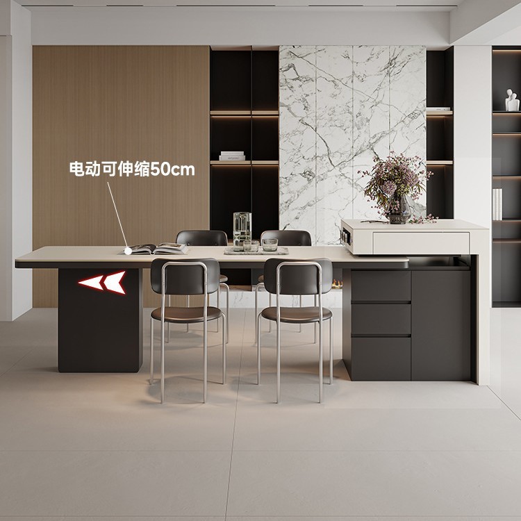 Mesa de mesa de isla retráctil eléctrica inteligente, mesa de comedor y silla de mesa de tablero de roca de plataforma minimalista italiana para el hogar
