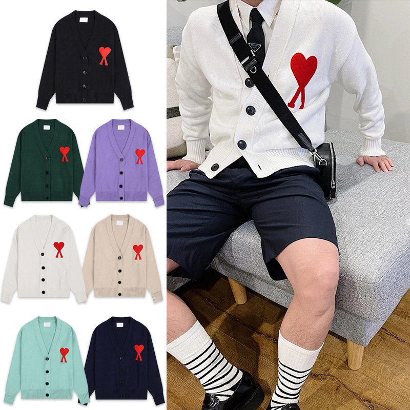 Ami Cardigan Knitwear 2025 New Autumn and Winter Large Heart Embroidered V Neck Wool Men's and Women's Outwear Knitwear Long Sleeves
