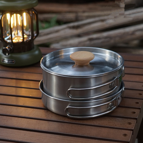 Portable Outdoor Hiking Camping 304 Stainless Steel Folding Handle Pan Skillet Stew Pot Home Use Picnic Cookware Set